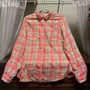 Old Navy Women's Medium Plaid Pink and Tan Long Sleeve Button Down Shirt